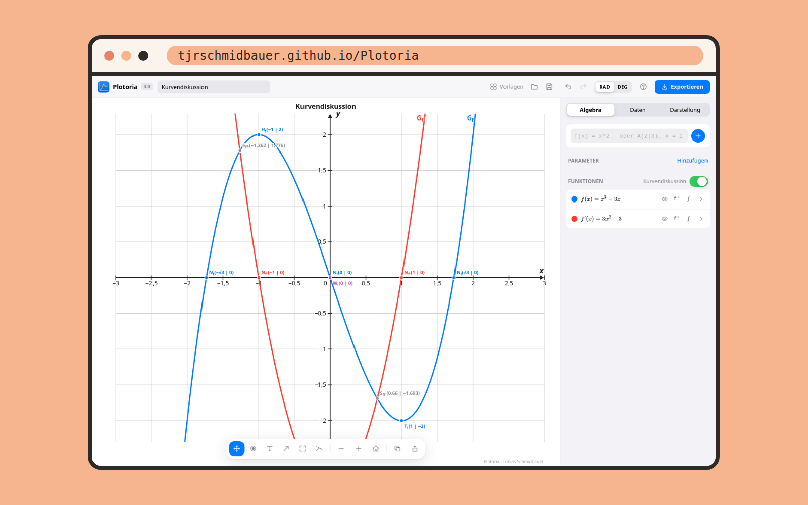 Plotoria mit einer Kurvendiskussion von f(x) = x³ − 3x samt Ableitung, Nullstellen, Extrem- und Wendepunkt