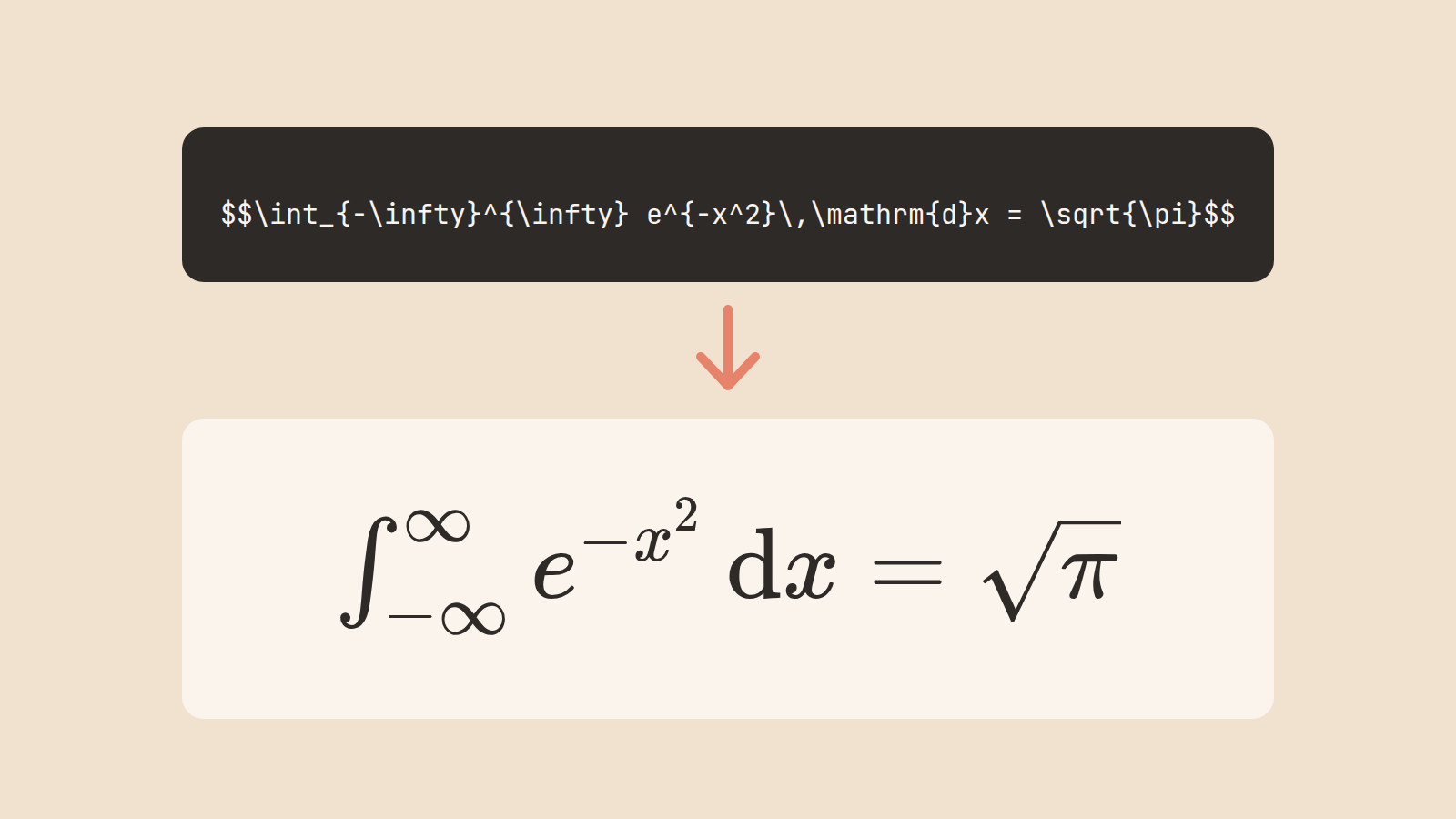 LaTeX-Quelltext des Gauß-Integrals und darunter dieselbe Formel, gesetzt mit KaTeX.